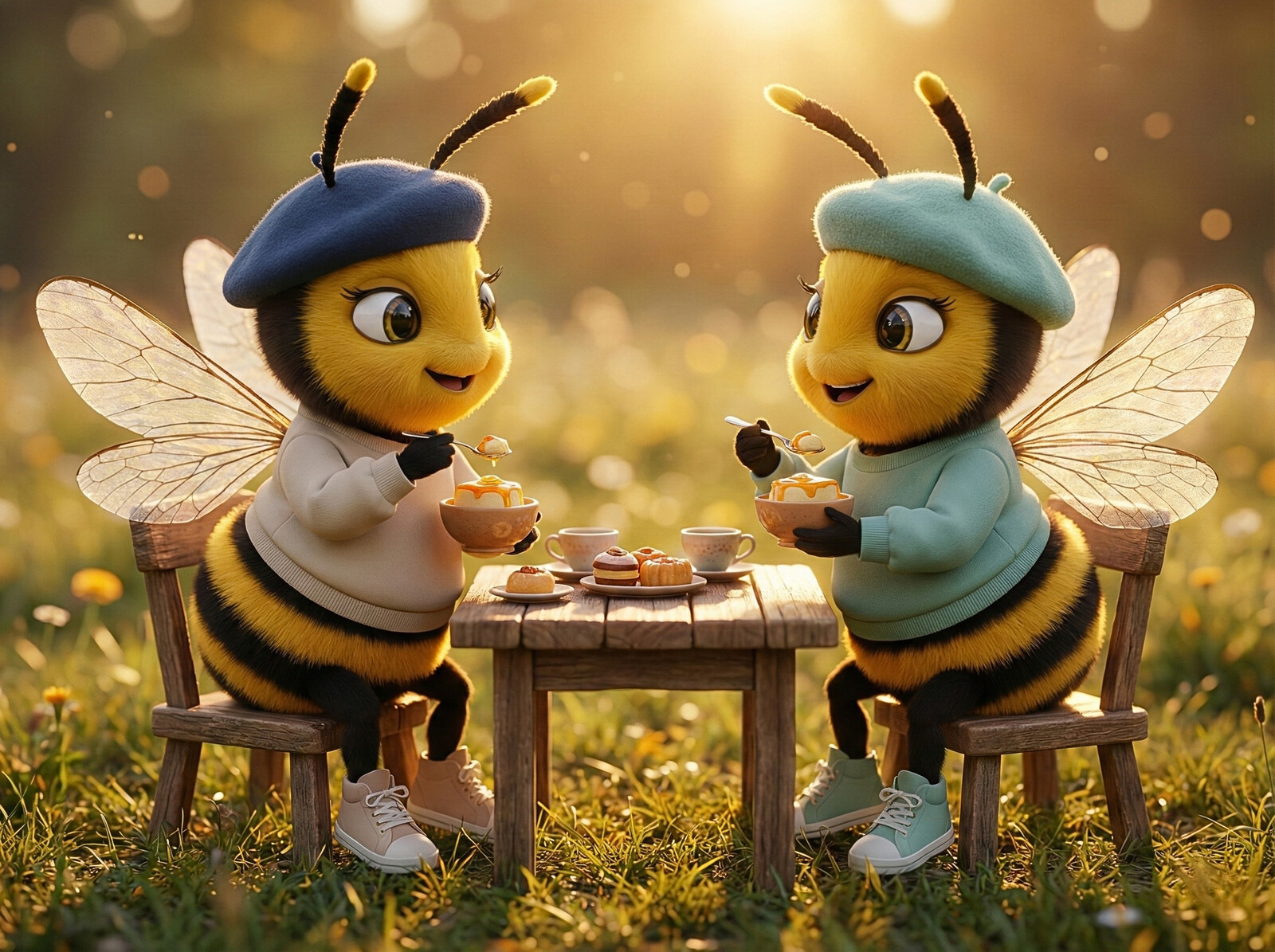 Duas abelhinhas tomando café juntas em uma mesa — terapia individual com leveza