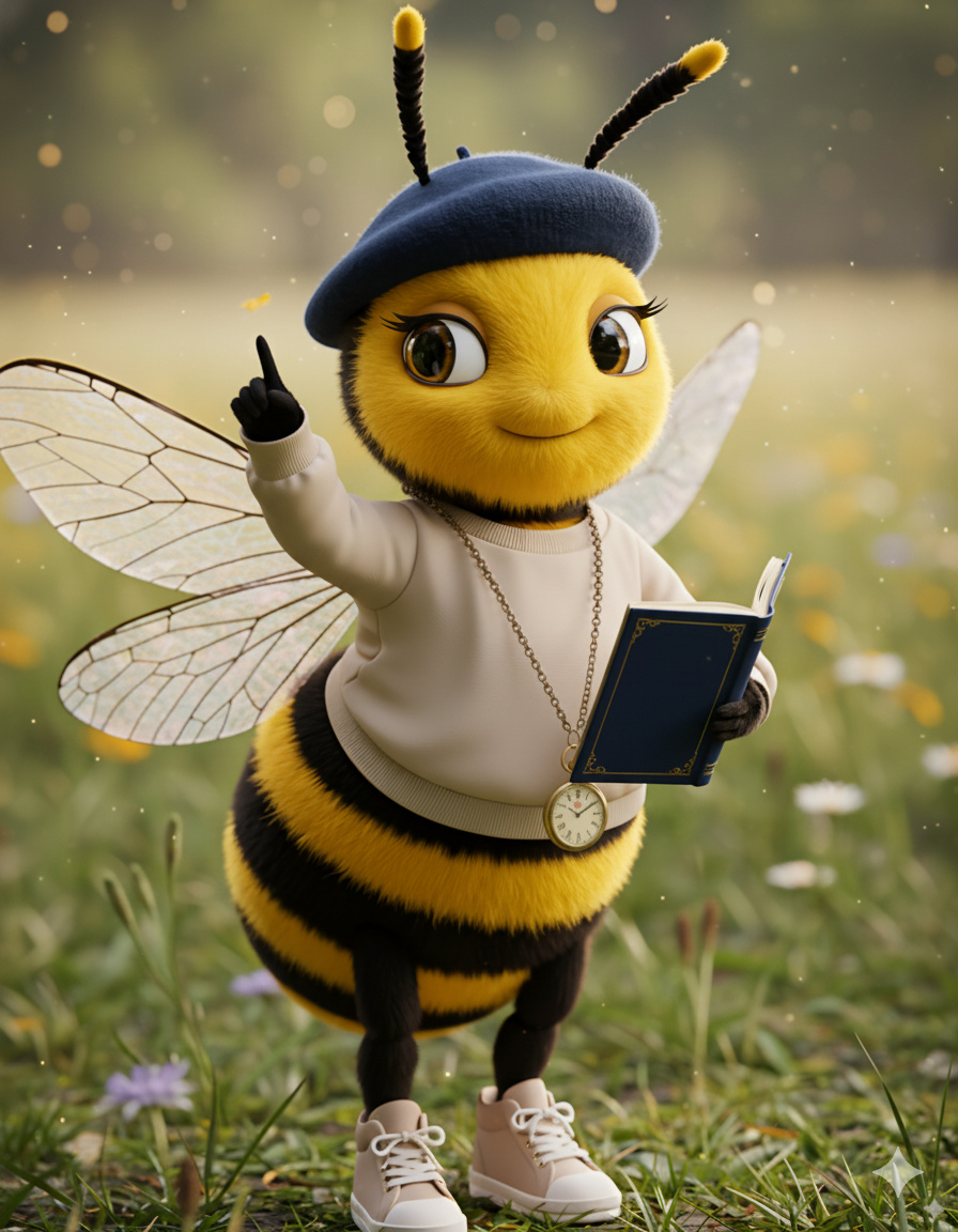 Titina, a abelha mascote da Dra. Chris Santos, segurando um livro